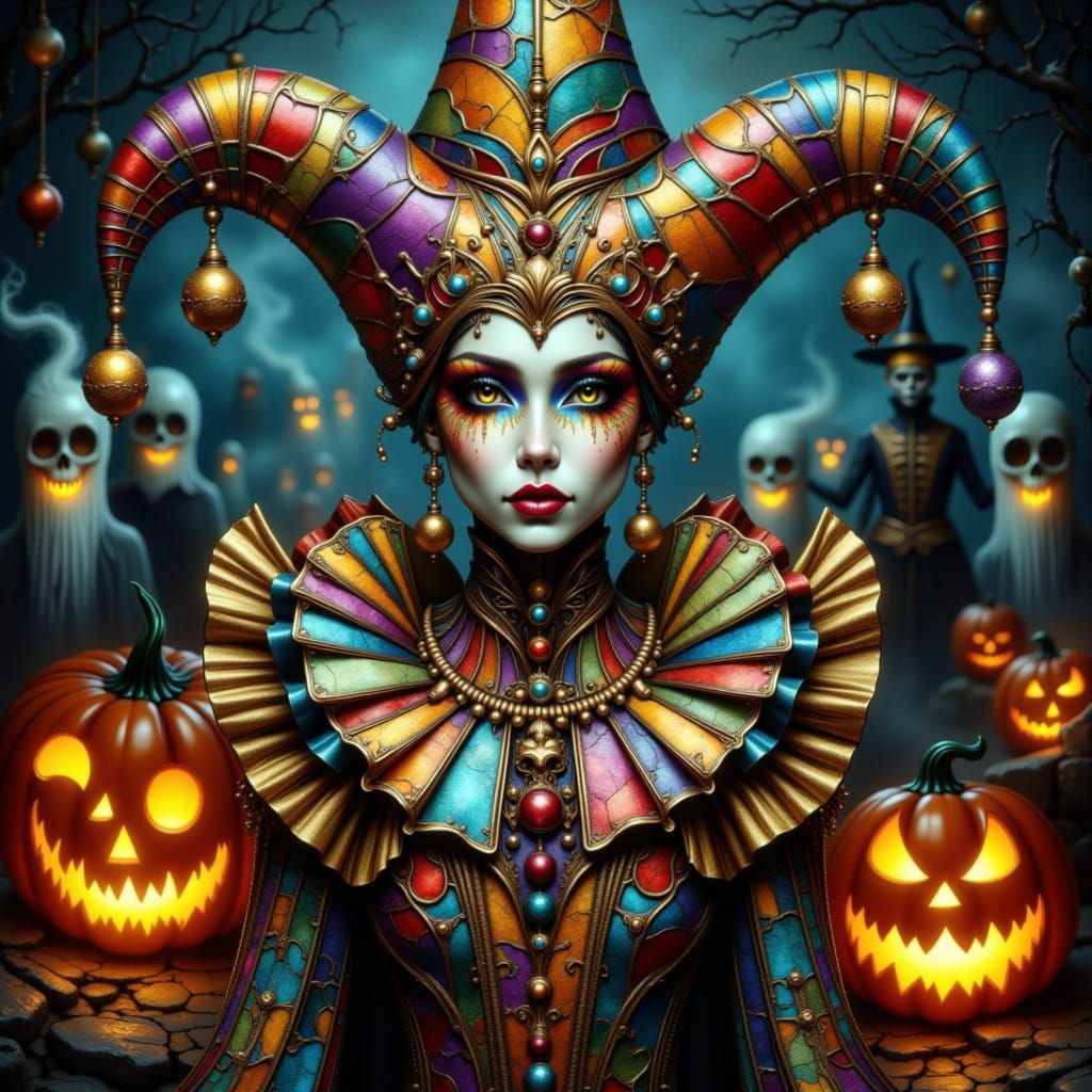 Spooky Halloween Jester at Midnight Carnival in Stained Glas...