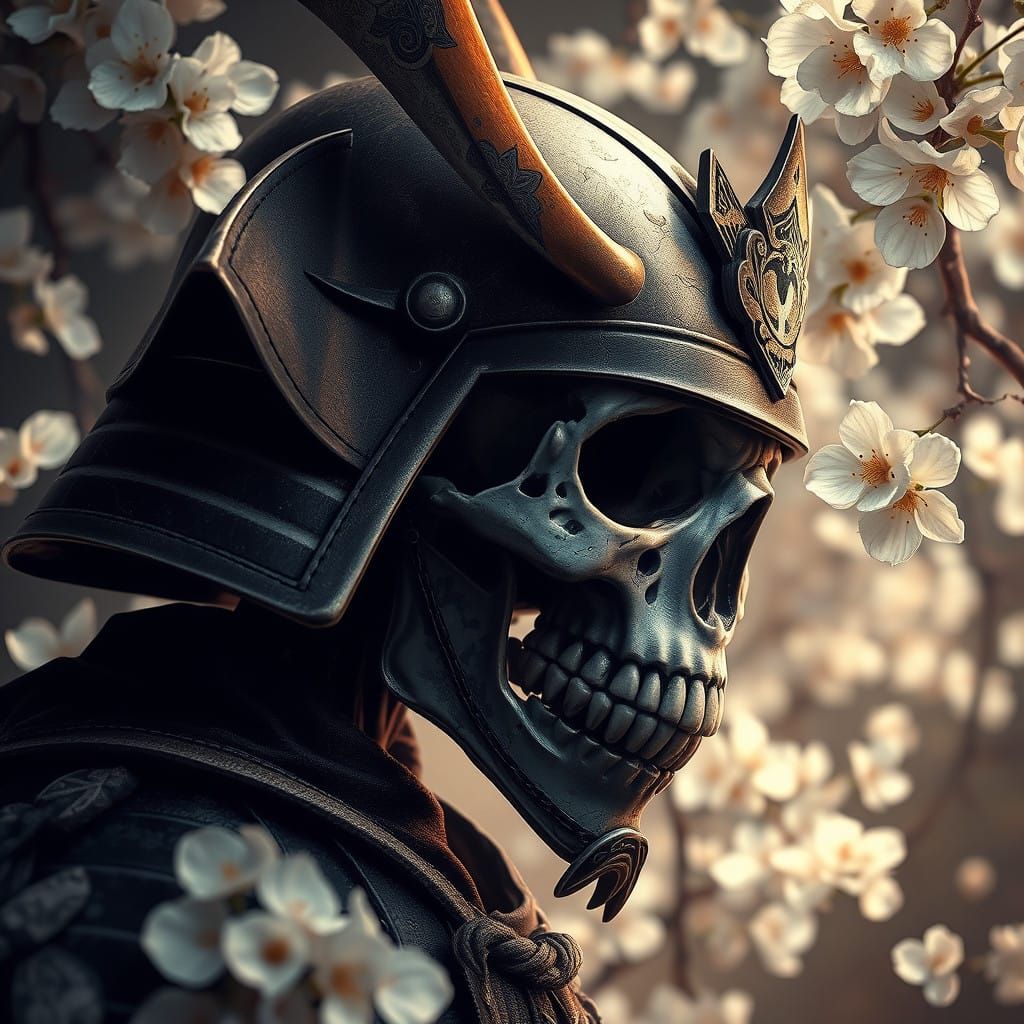 Samurai Warrior in Cherry Blossom Twilight, Cyberpunk Style