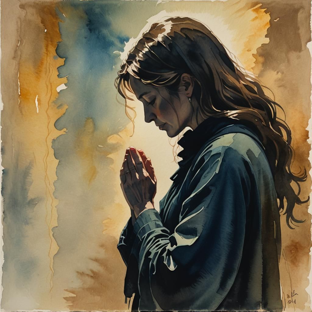 Woman in Silhouette Praying: Gouache Watercolor Impressionis...