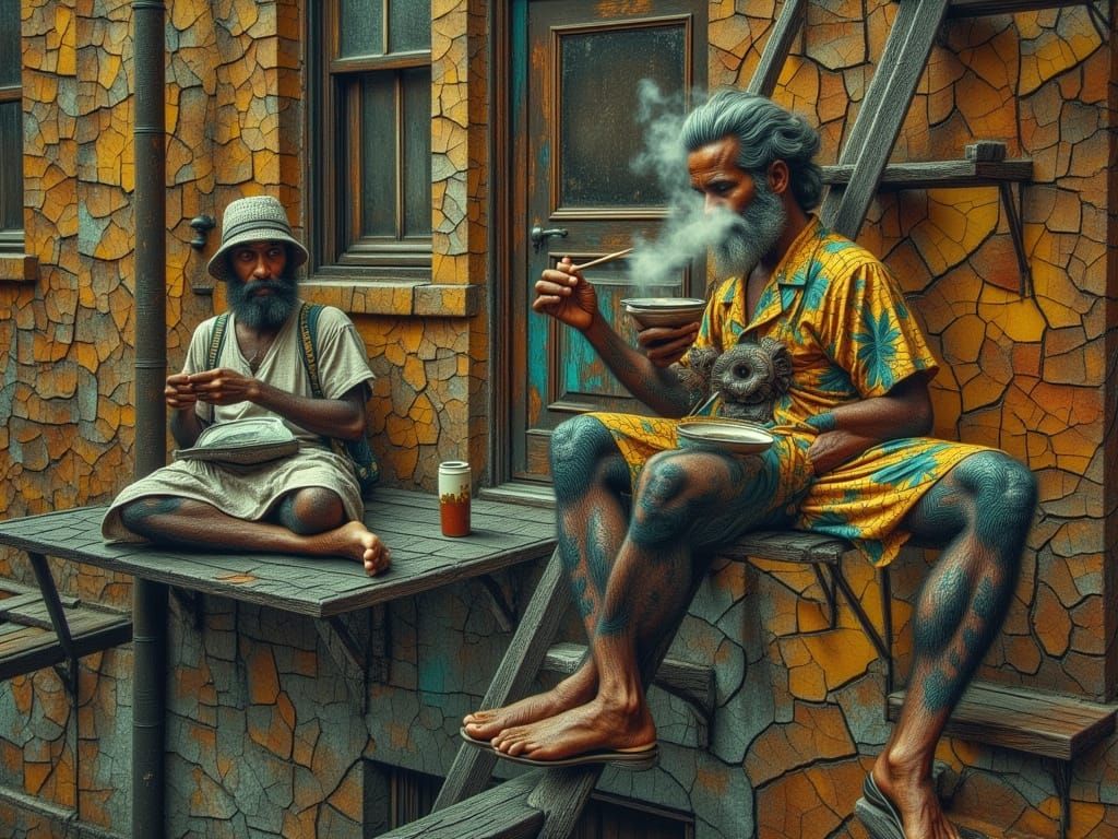 Man on Fire Escape in Chinatown, NYC