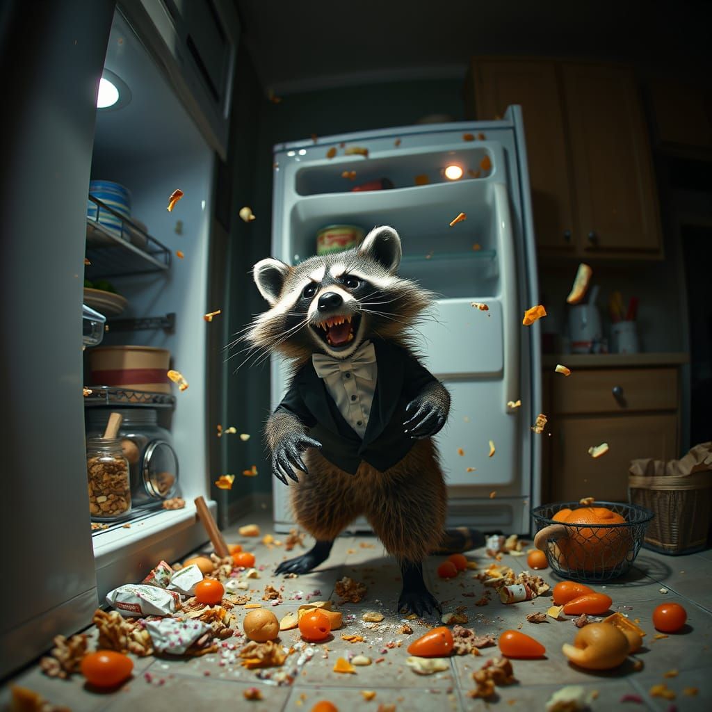Mischievous Raccoon in Tuxedo Causes Kitchen Chaos