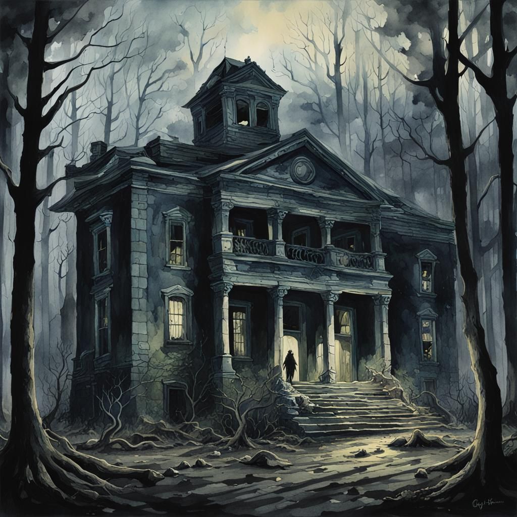 Dark and Moody Abandoned School in Watercolor Forest