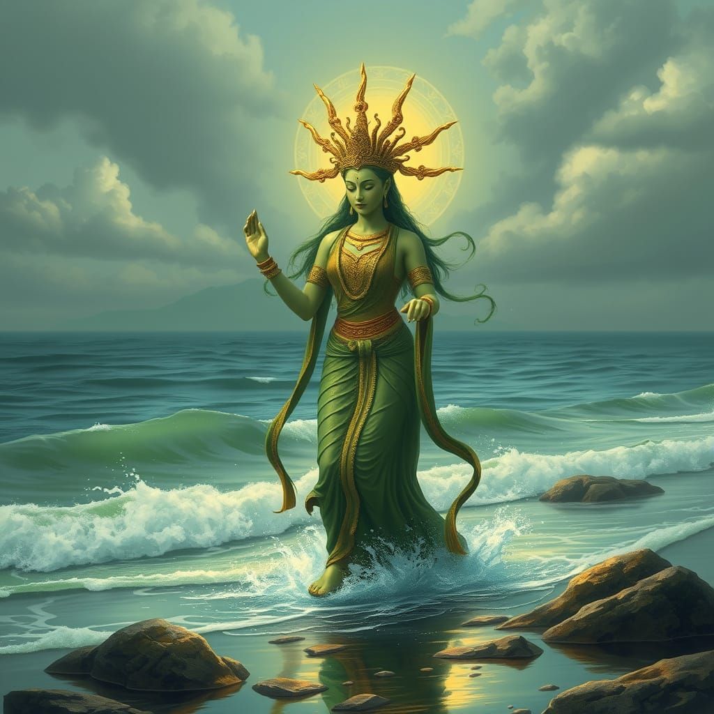 Goddess Green Tara Emerges from the Ocean