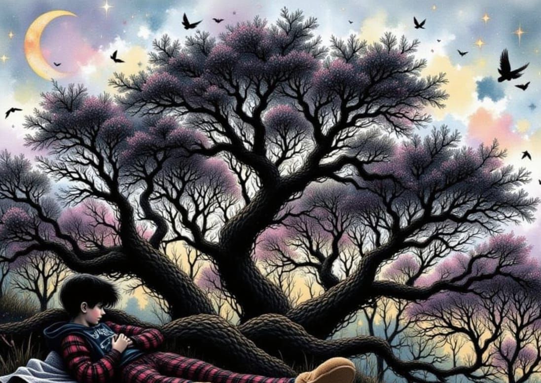 Teenager Silhouetted Against Twilight Sky in Watercolor Styl...