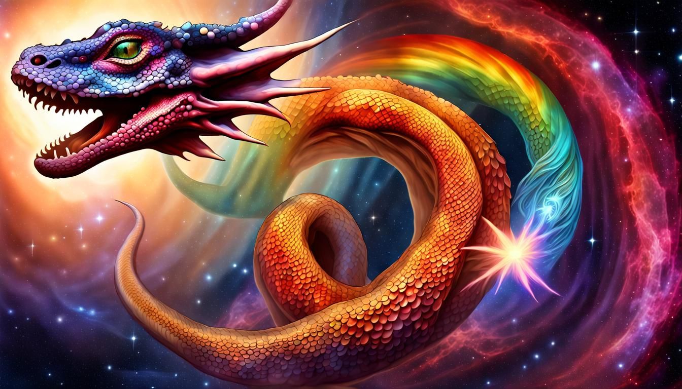 Cosmic Rainbow Dragon Ouroboros in Starry Nebula