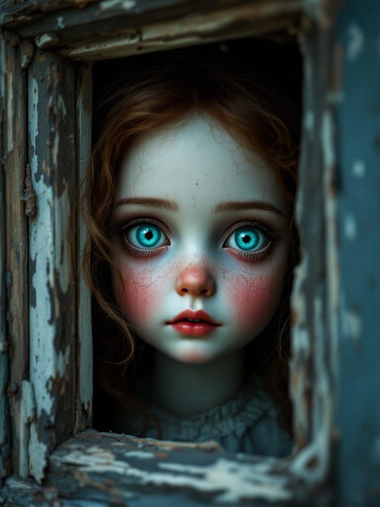 Haunting Porcelain Doll with Aqua Eyes
