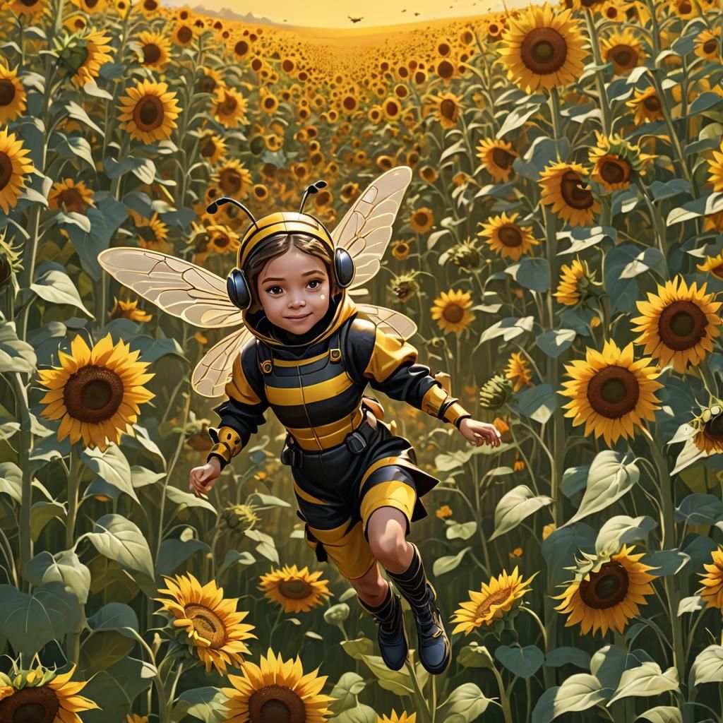 Bee Girl Flies over Sunflowers in Vector Art