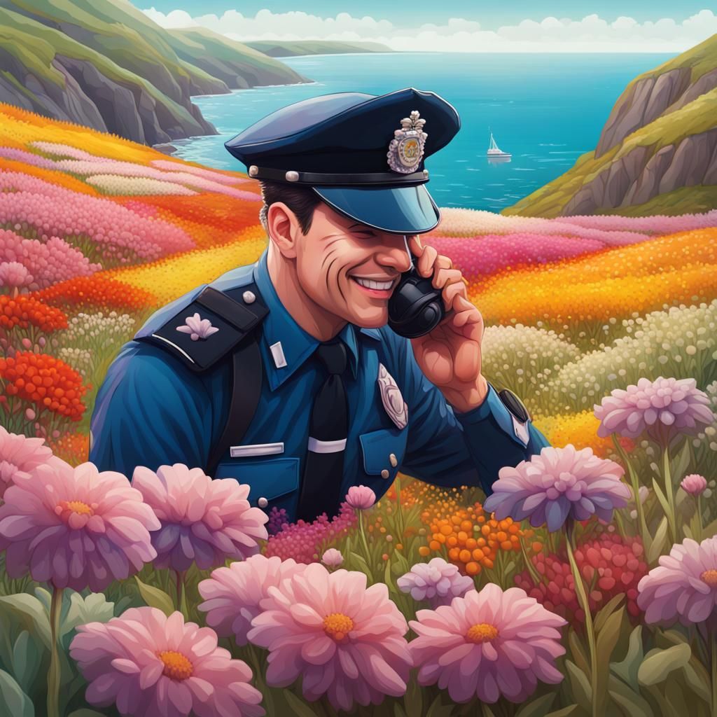 Happy Policeman in Flower Field, Hyperrealistic Splash Art