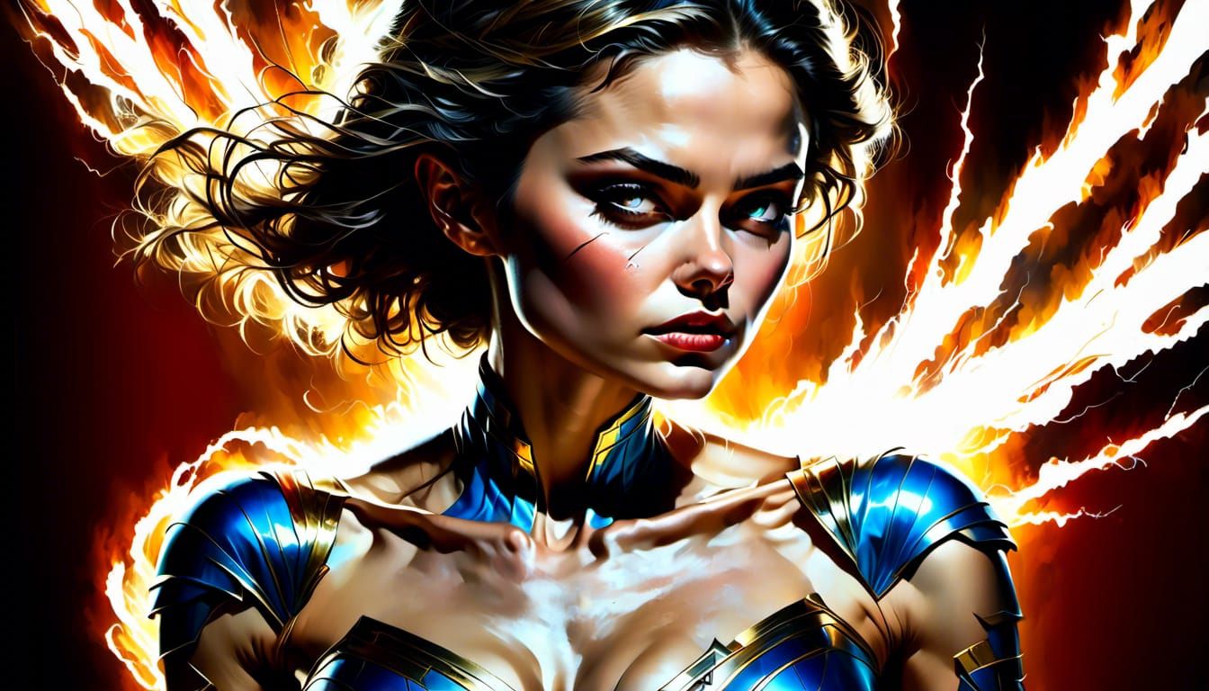 Mary Marvel Soaring Over Metropolis in Comic Book Style