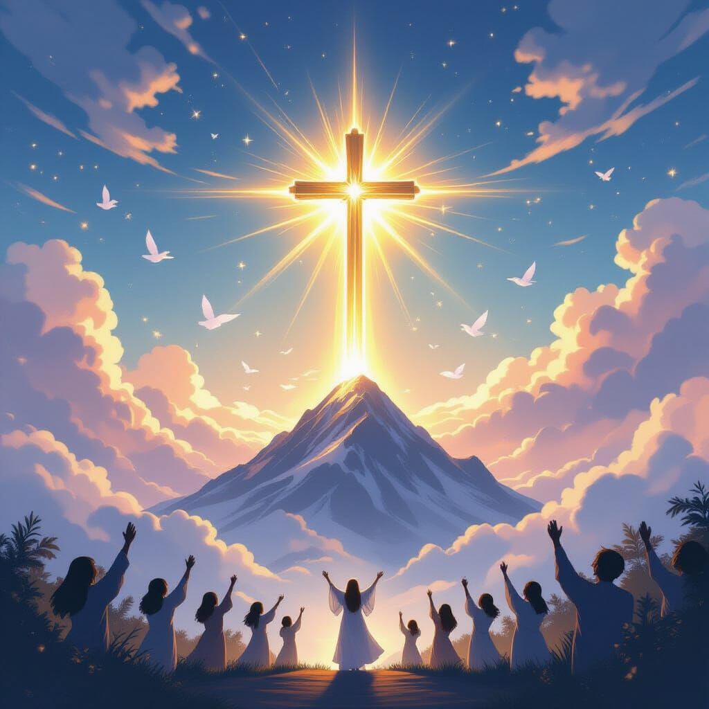 Golden Cross Worship Celebration in Ethereal Anime Style