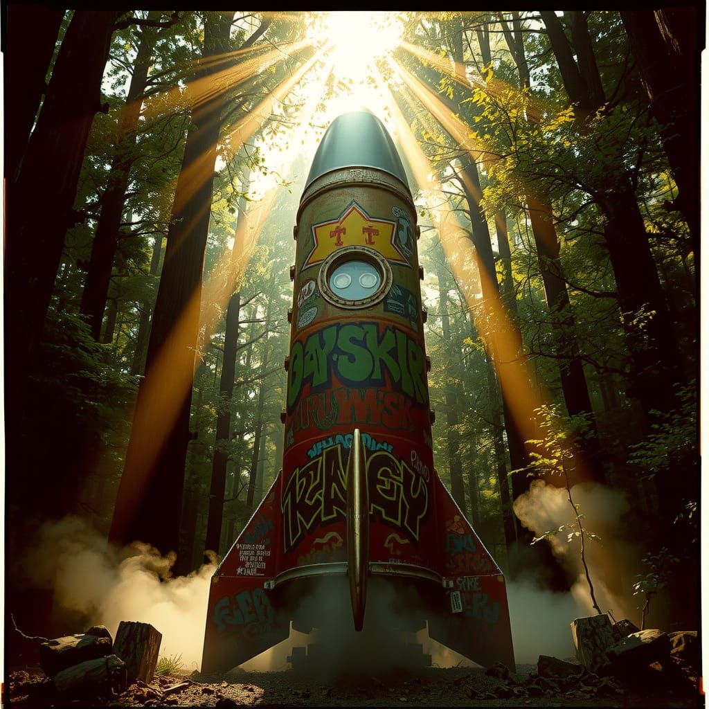 Vintage Rocket Amidst Emerald Forest, Graffiti and Shadows