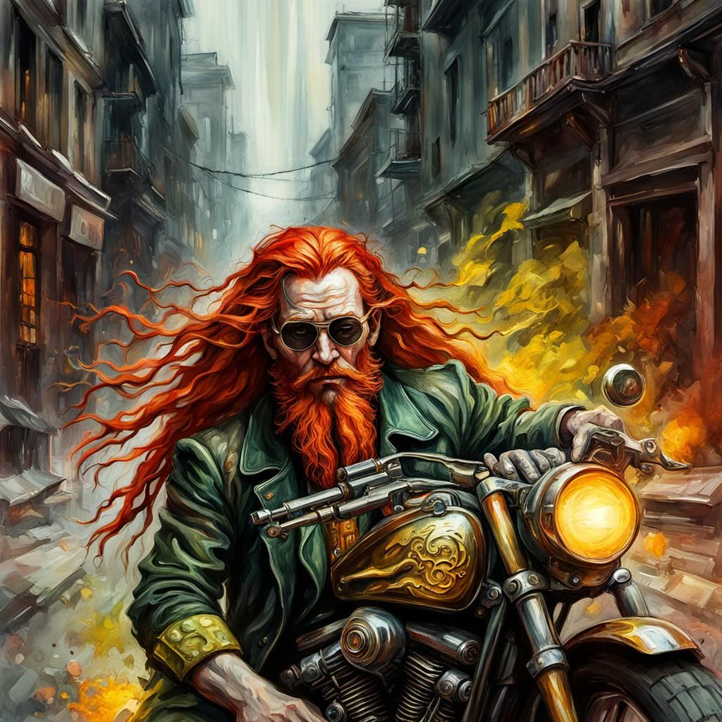 Grotesque Cyberpunk Leprechaun on Gold Motorcycle