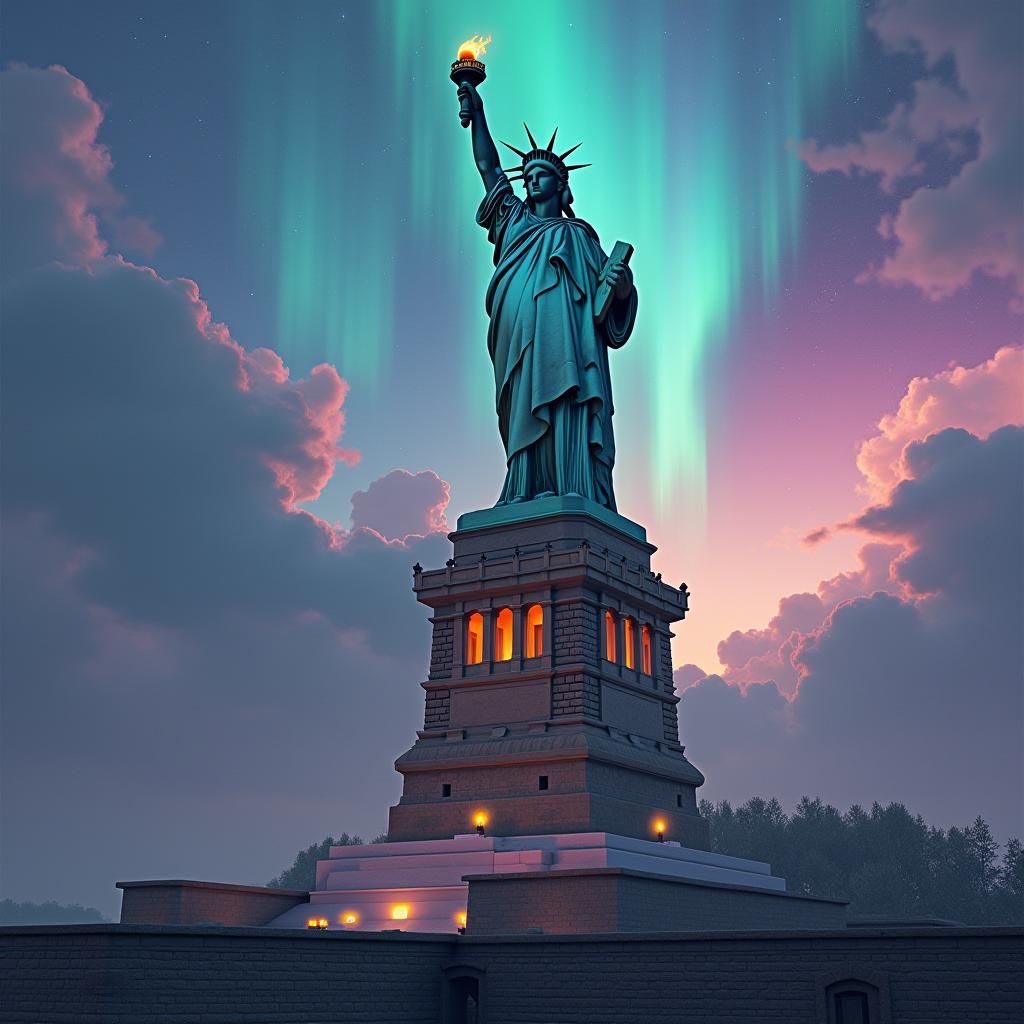 Lady Liberty on Ancient Temple in Aurora Sky