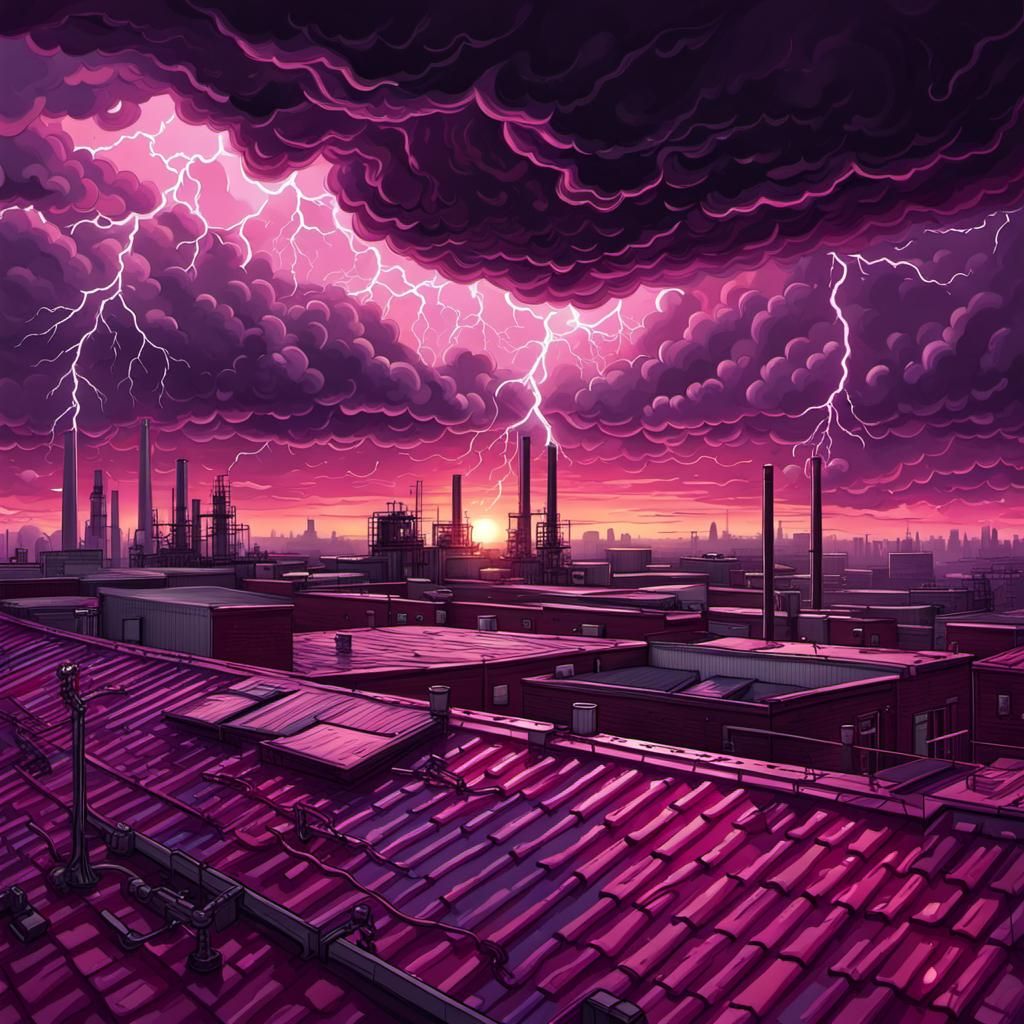 Industrial Rooftop Sunset Thunderstorm Graphic Art