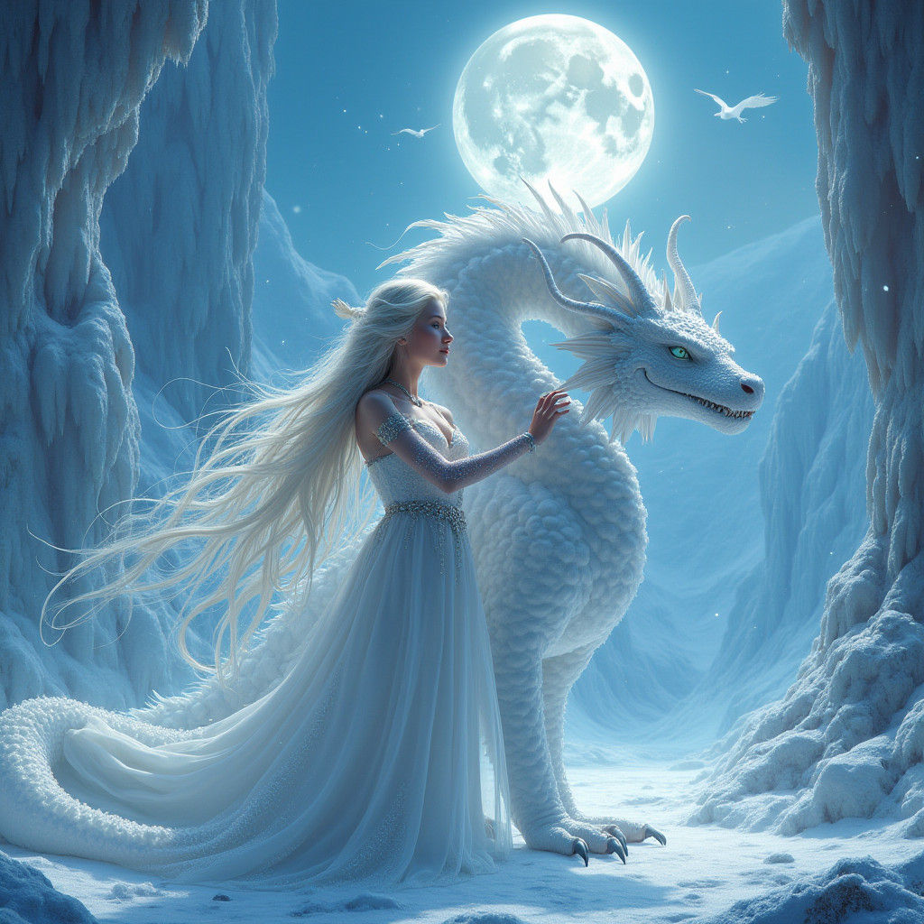 Woman and White Dragon in Moonlit Landscape