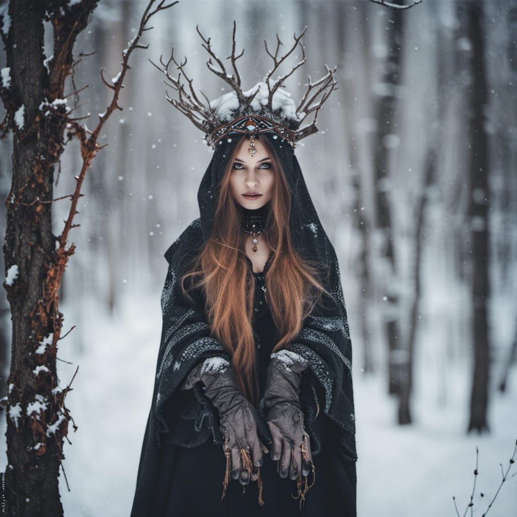 Slavic Witch in Winter Forest Portrait