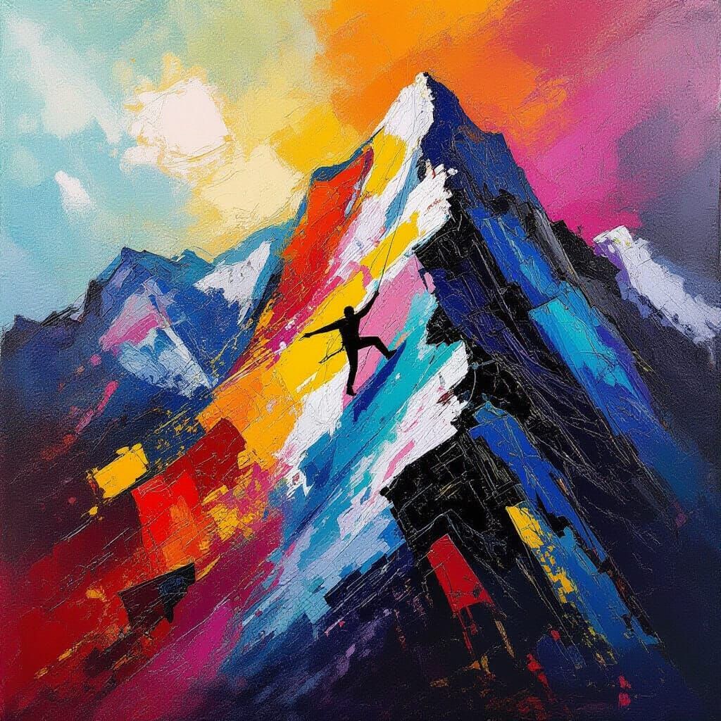 Solo Climber Ascends Abstract Expressionist Mountain