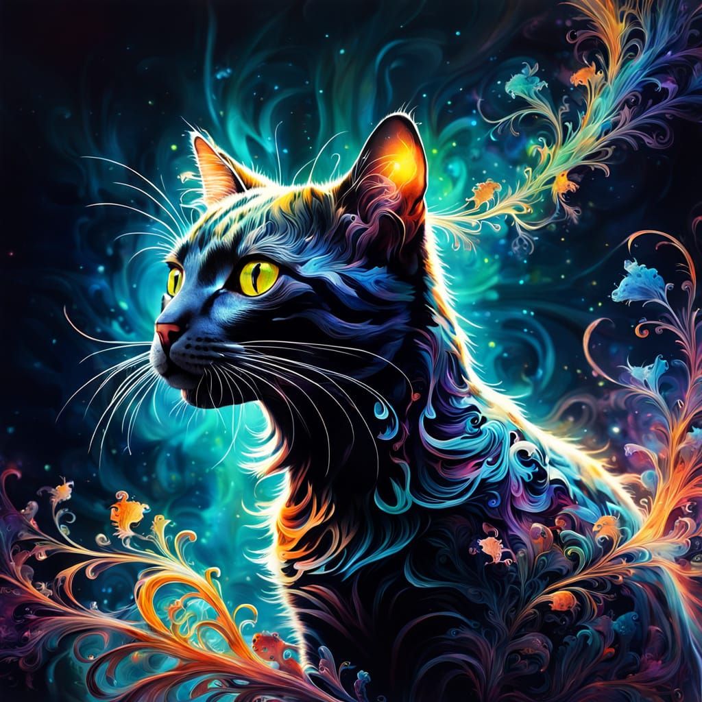 Surreal Cat Silhouette Filled with Fractal Mice and Radiant ...