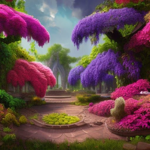 Overgrown Ancient Garden with Vibrant Flowers