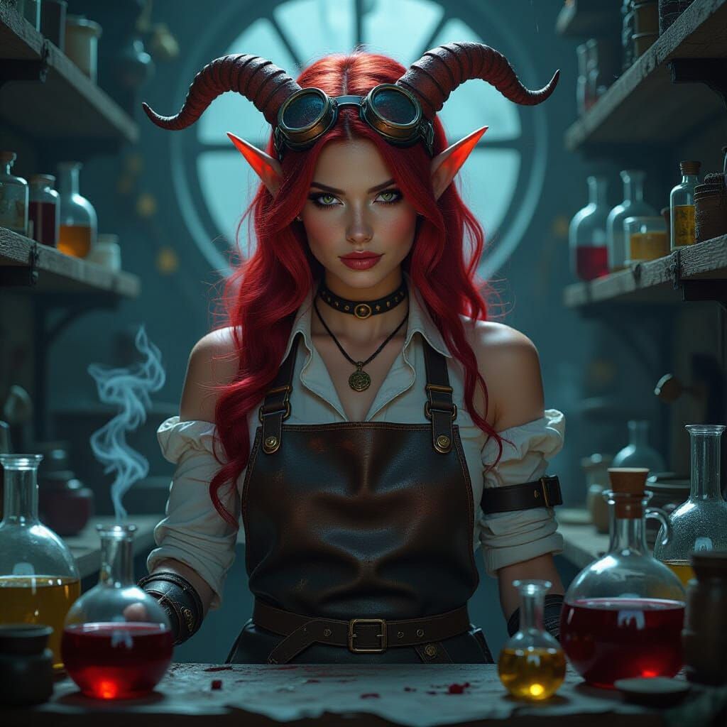 Tiefling Alchemist in Dimly Lit Steampunk Laboratory