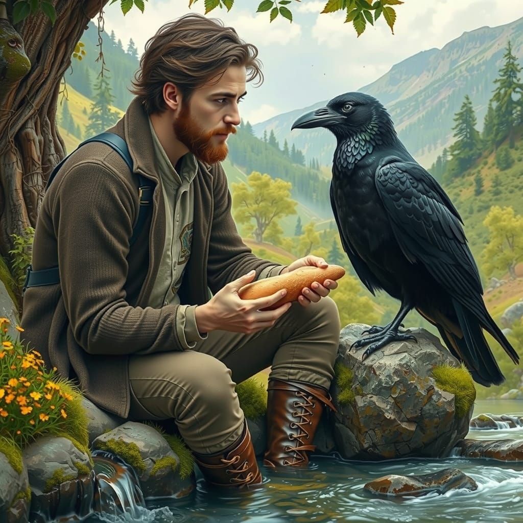 Man Eats Bread in Lush Valley, Hyperrealistic Style