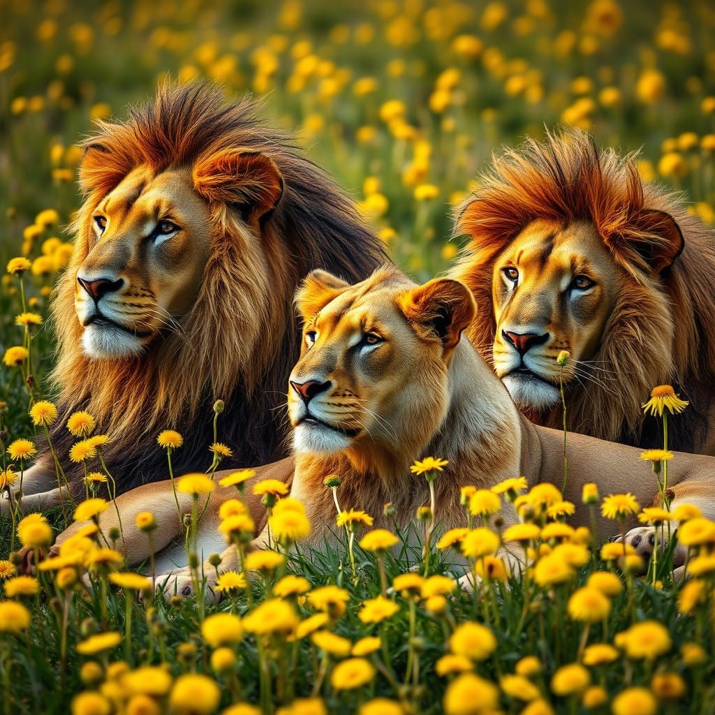 Majestic Lions in Golden Dandelion Fields, Hyperrealistic HD...