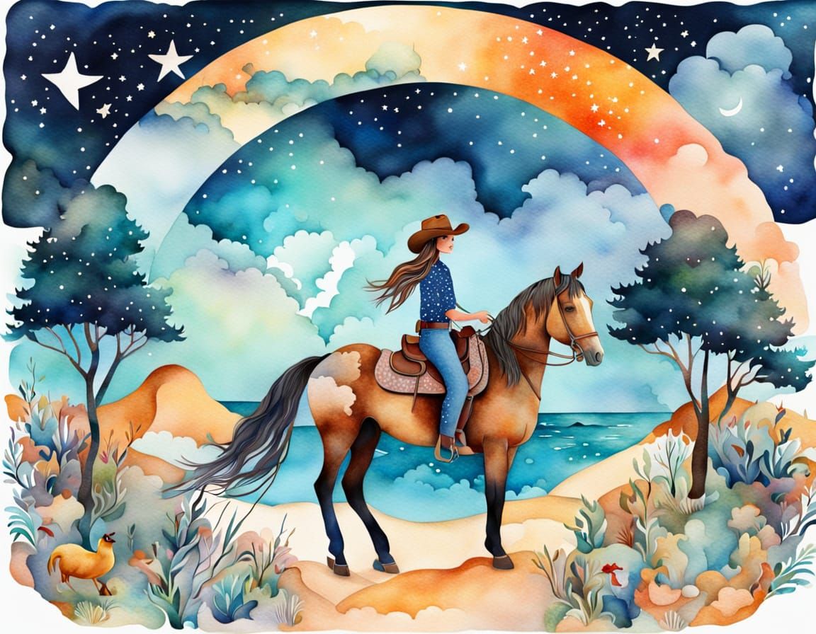 Surreal Cowgirl Horse Landscape in Patchwork Style