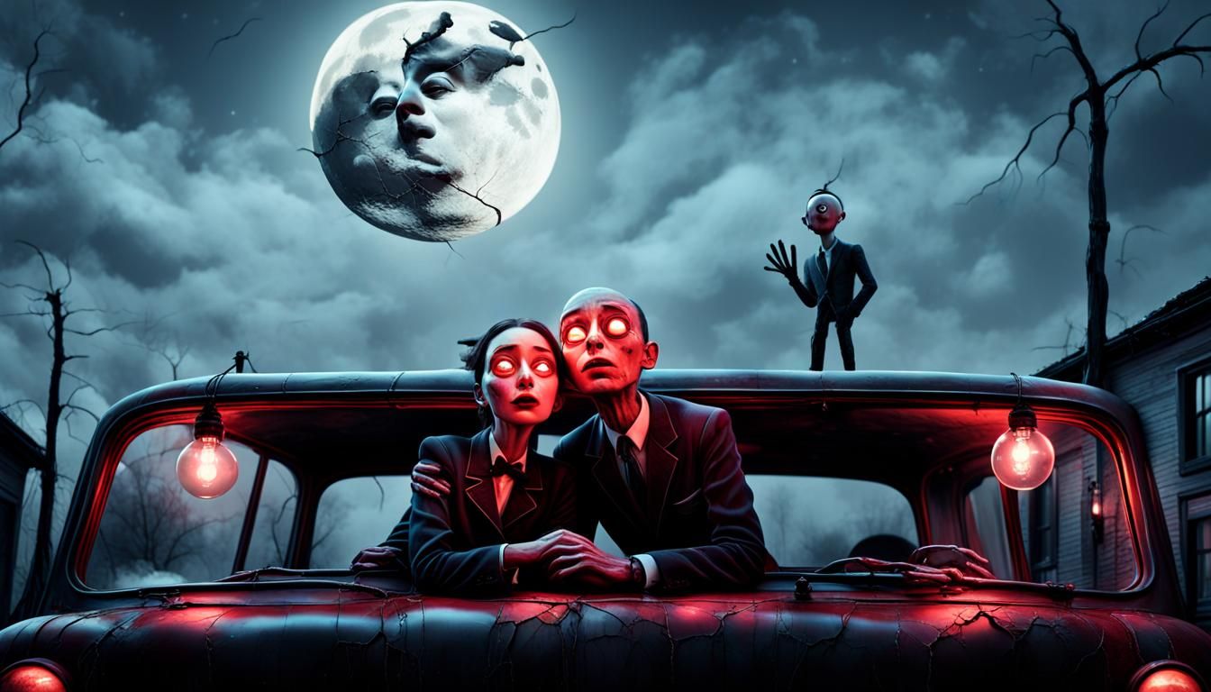 generate a high-definition hyperrealistic photo, monochrome of light red, 3D, surreal, a couple with dynamic bulb heads,...