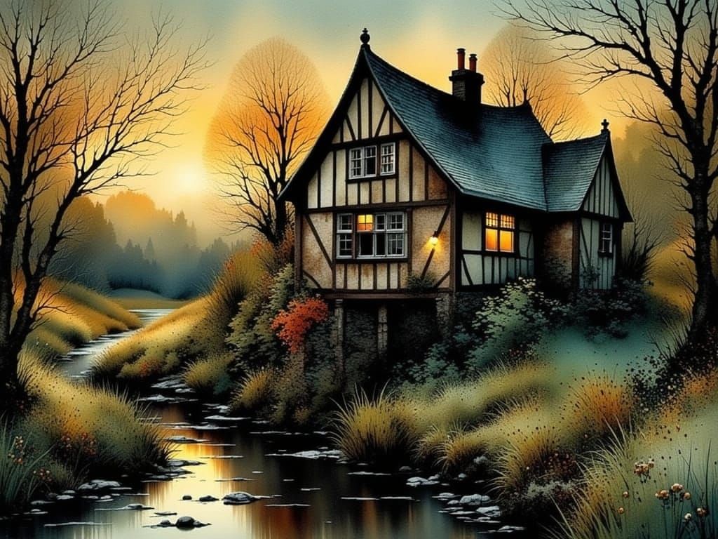 Ethereal Watermill Scene in Soft Evening Light