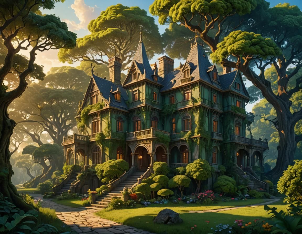 Charming Ancient Home at Sunrise in Matte Painting