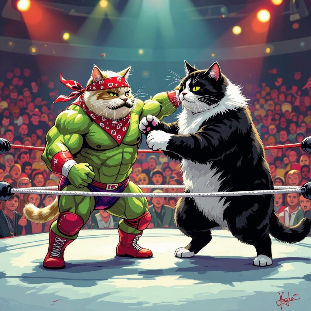 Cats Wrestling: Hulk Hogan vs Andre the Giant, Comic Style