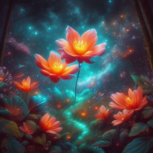 A magical orangemallow flower, glowing on a bush. orange and teal <lora:stars:1.0>
