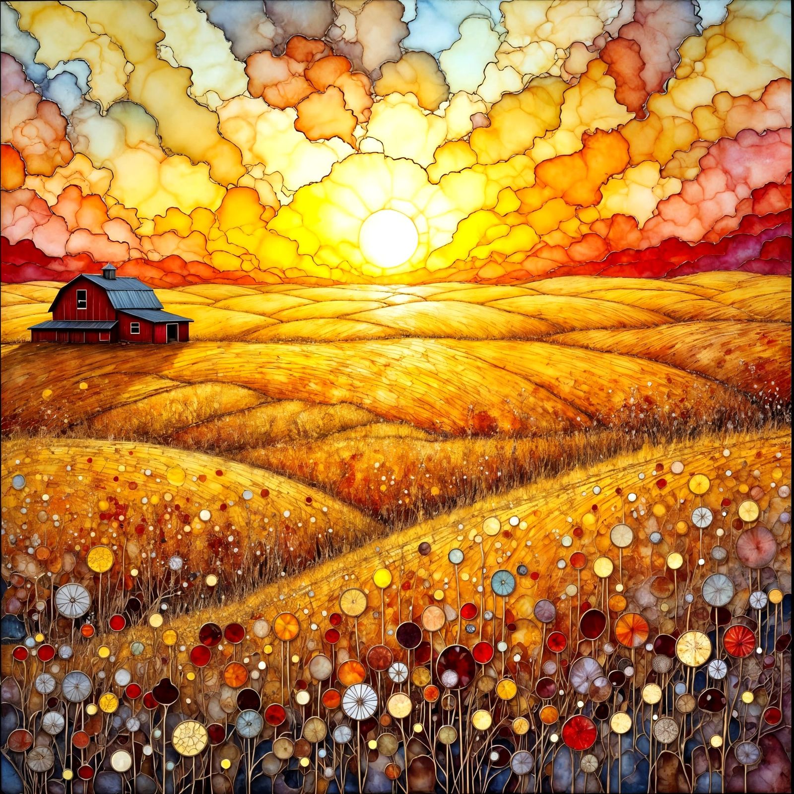 Golden Fields and Red Barn in Alcohol Ink Style