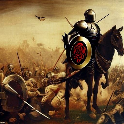 Wounded Knight Shielded on Battlefield with Metallic Roses