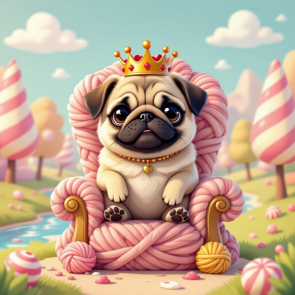 Regal Pug on Yarn Throne in Pastel Fantasy Landscape