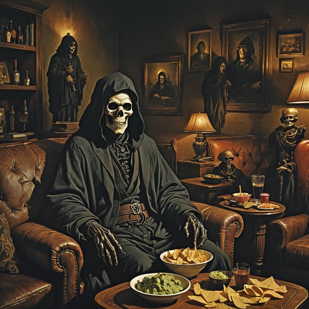 Grim Reaper's Snack Time: A Dark Fantasy Portrait