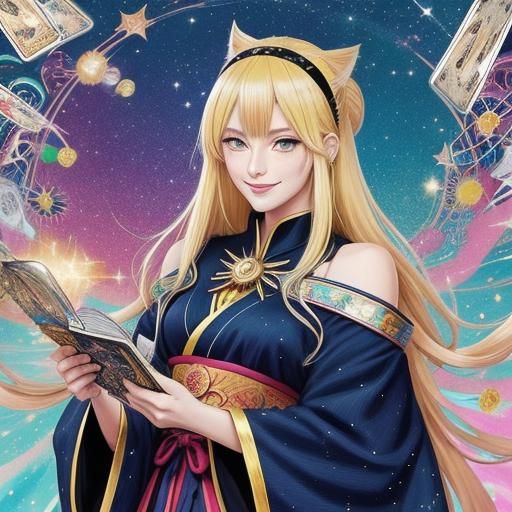 Anime Tarot Reader Celebrates with Black Cat