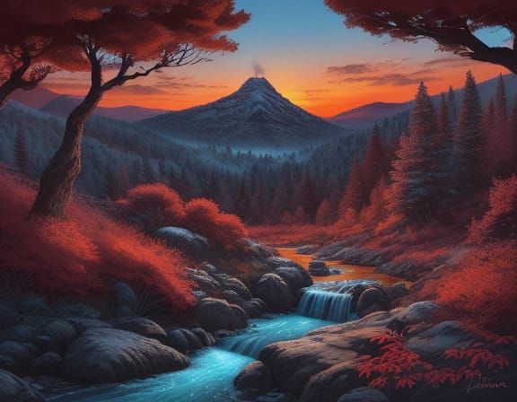 Mystical Winter Landscape with Crimson Tree in Painterly Sty...