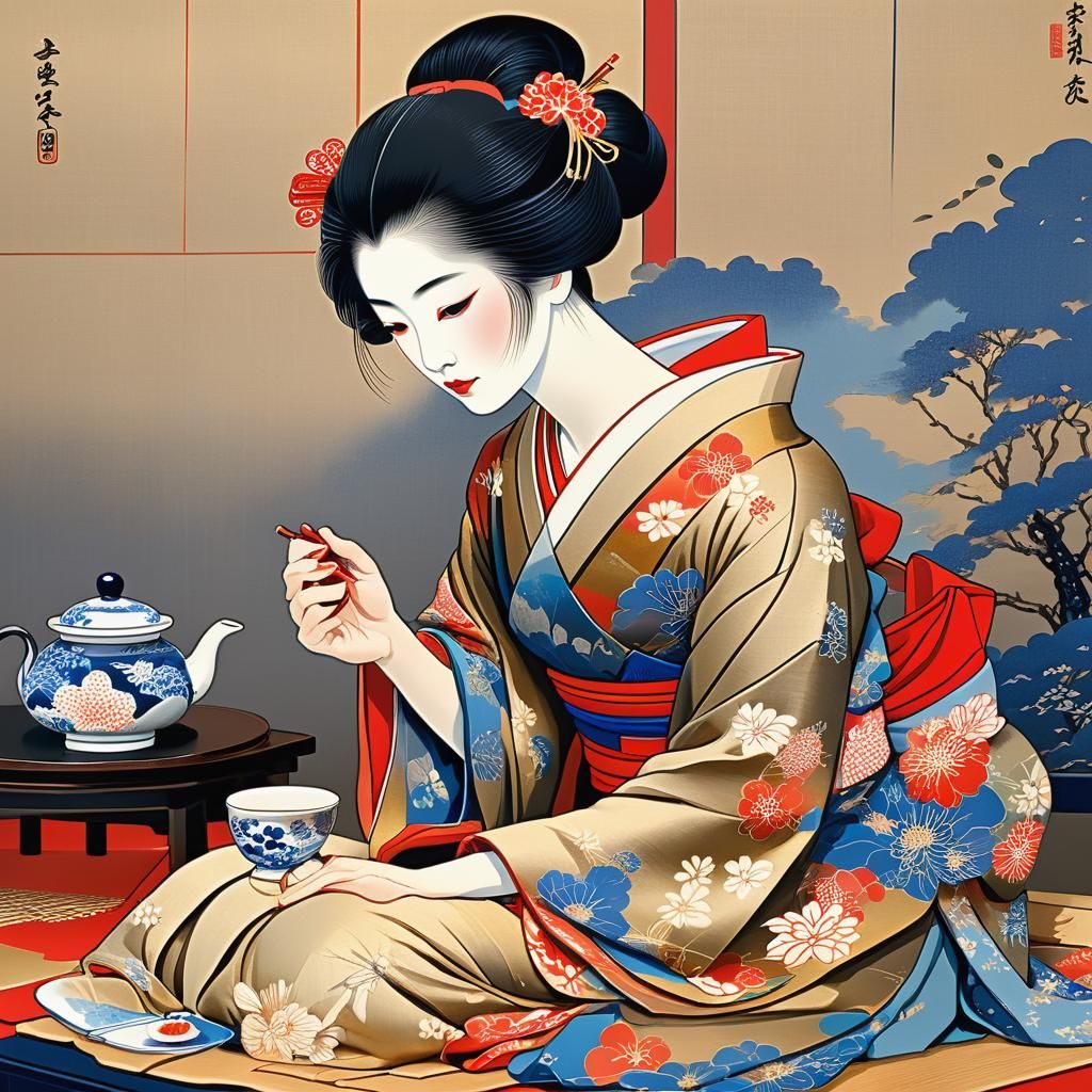 Geisha Prepares Tea: Ukiyo-e Woodblock Print
