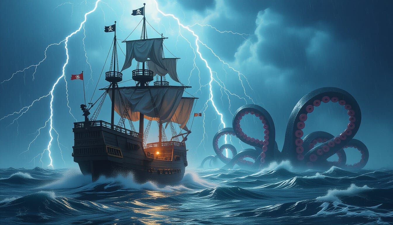 Pirate Ship Battling Krakens in Stormy Seas
