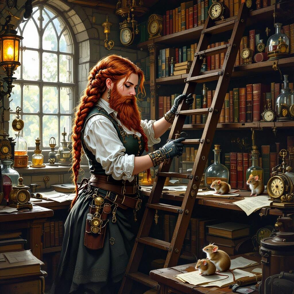 Steampunk Dwarf Lab Technician Cleans Library in Oil Paintin...