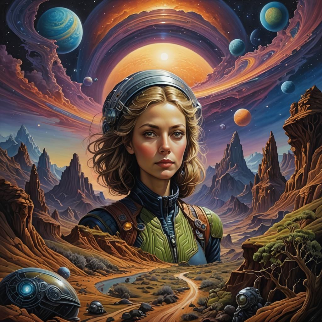 explorer, alien planet surreal, thick brushstrokes, photorea...