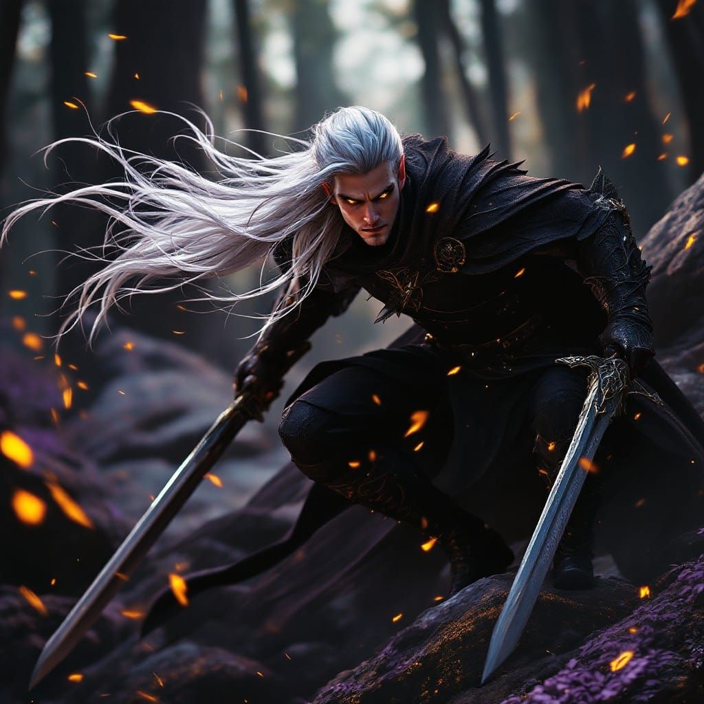 Elven Fighter-Ranger with Swords: Dark Fantasy Art