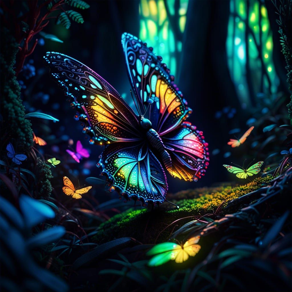 Glowing Butterfly in Enchanted Forest: Hyperrealistic Art