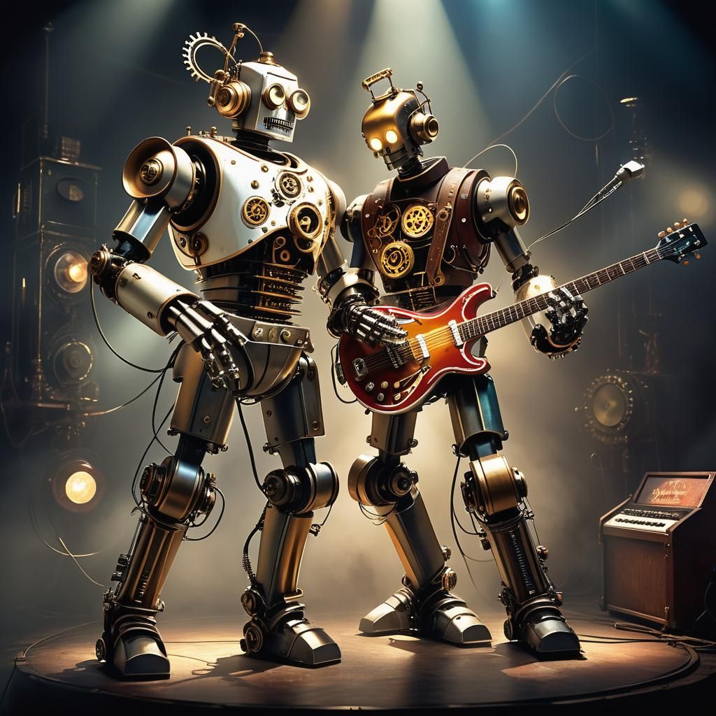Steampunk Robot Musician on Stage