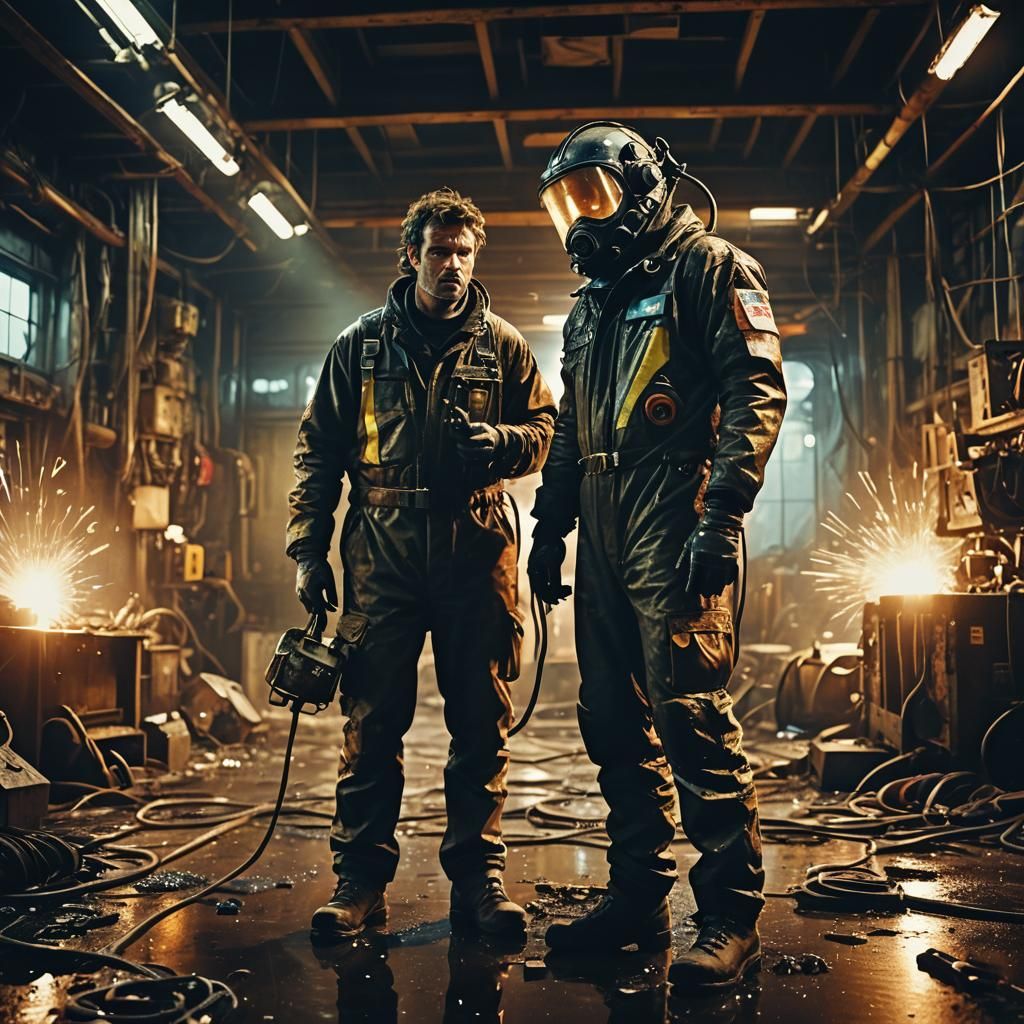 Gritty 80s Sci-Fi Salvage Worker: Cinematic Film Still