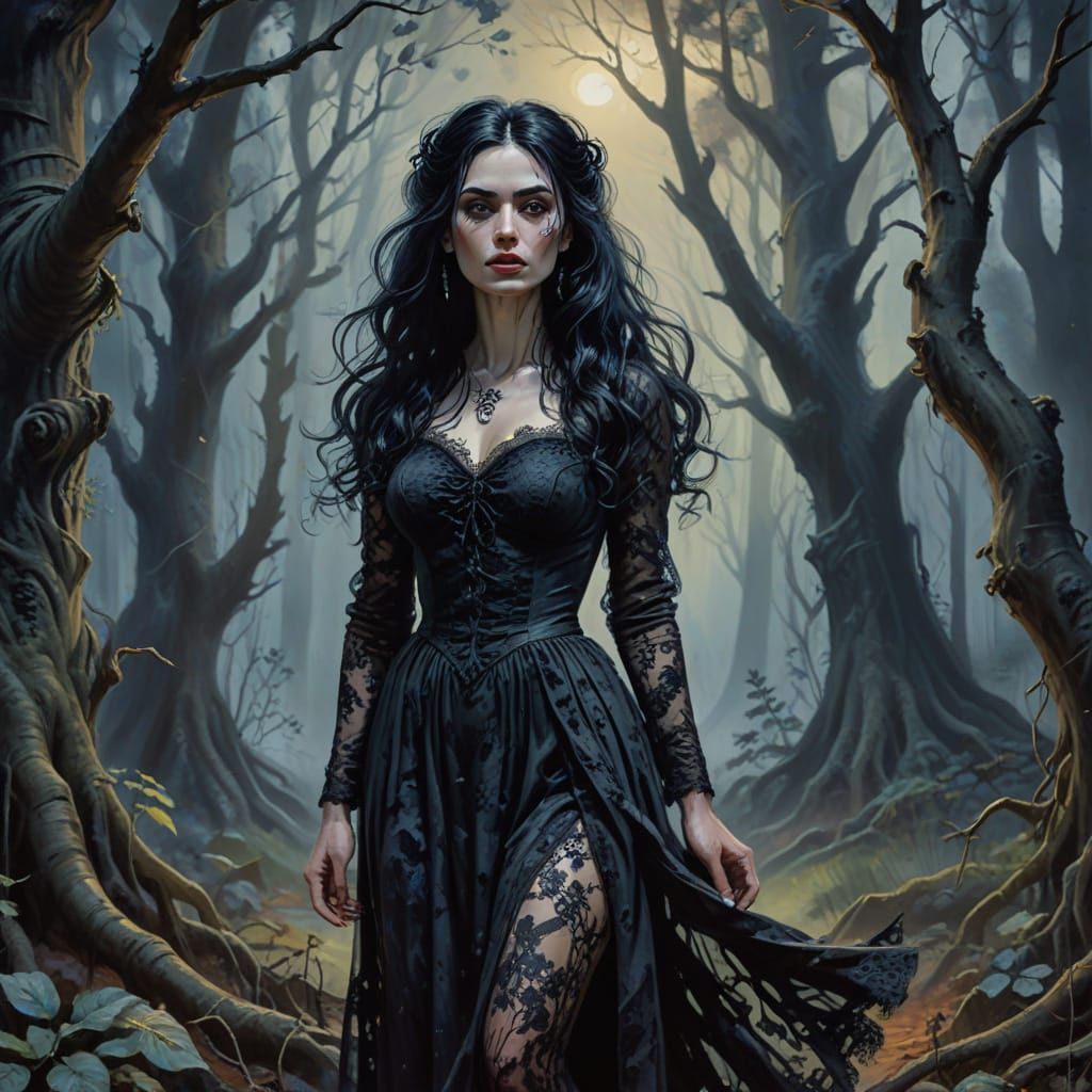 Gothic Woman in Haunted Forest, Gouache Impressionist Style