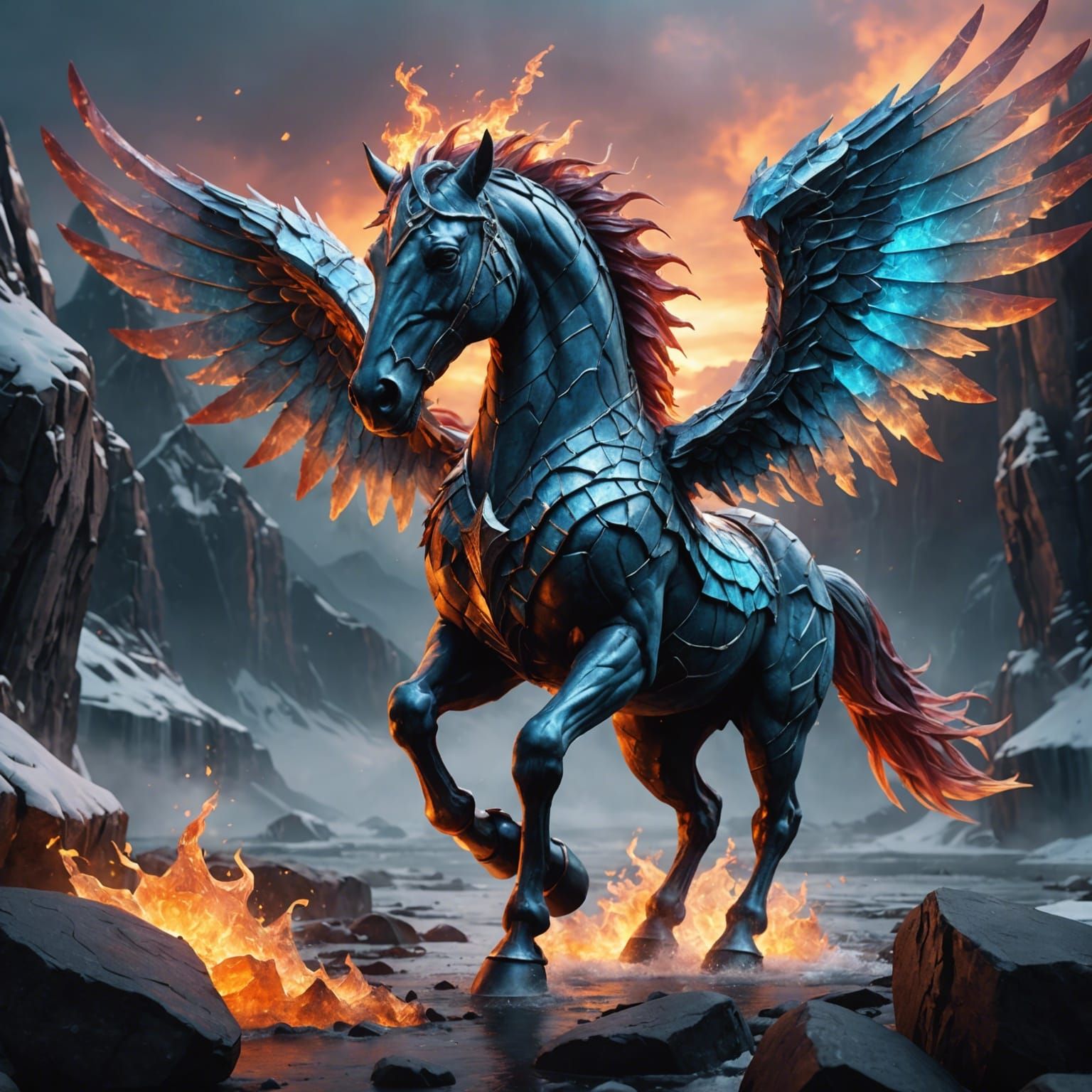 Fiery Ice Horse with Wings: Fantasy Concept Art