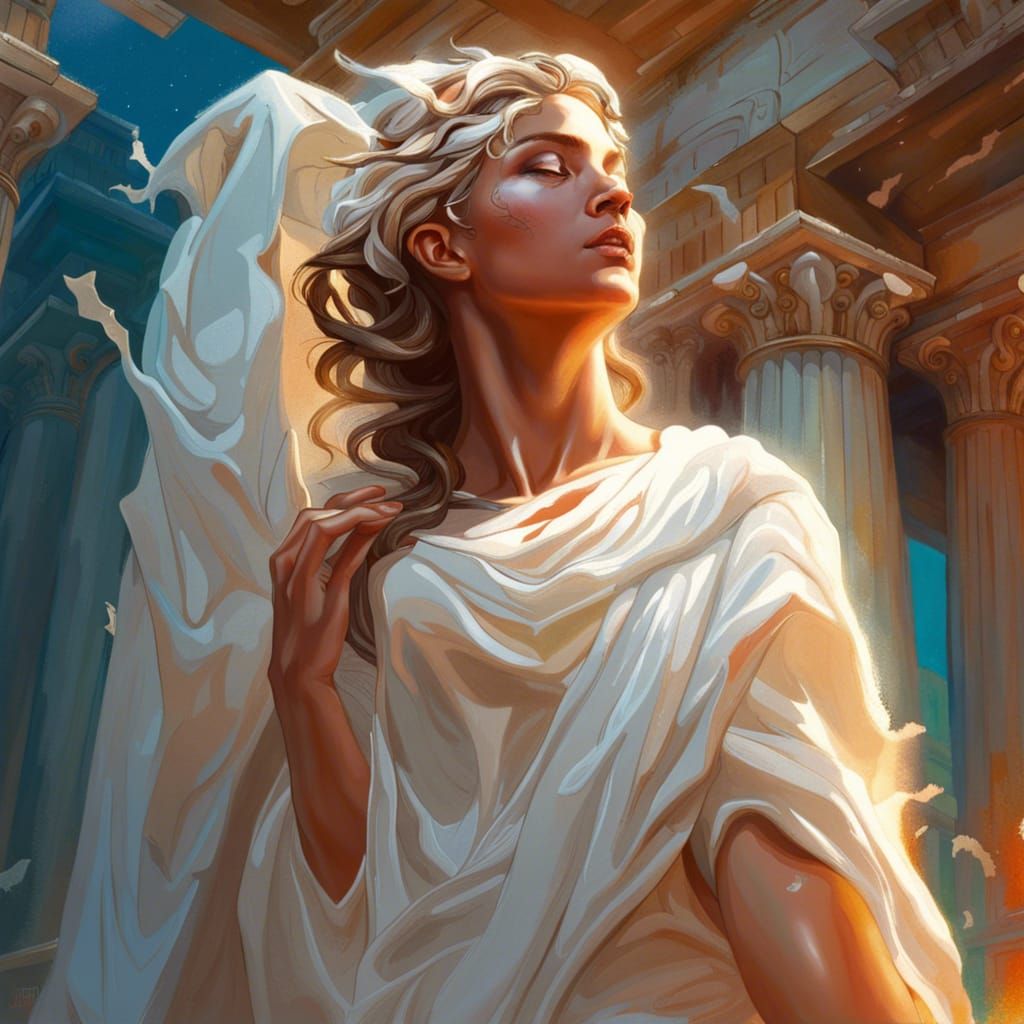Ethereal Goddess in Greek Temple, Hyperrealistic Art