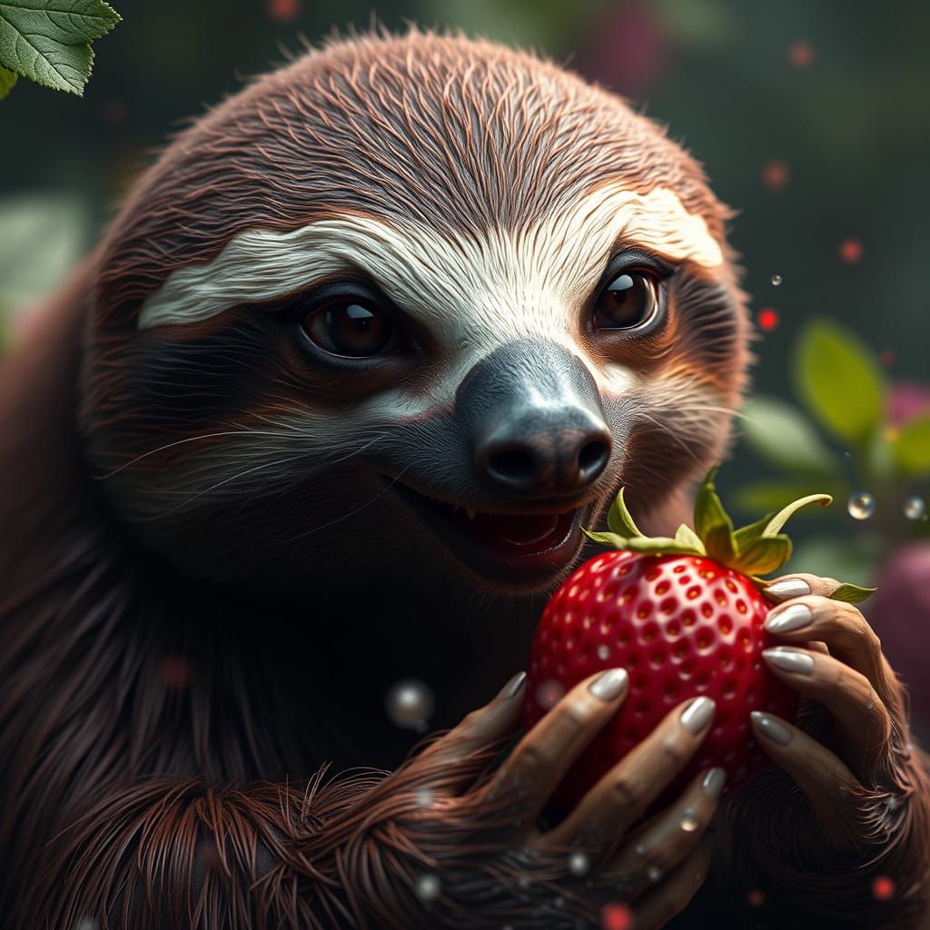 Sloth Savoring Juicy Strawberry in Vibrant Fantasy Landscape